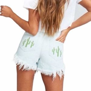 Show Me Your MuMu - Wyoming Cactus Embroidered Frayed Denim Shorts Size 27
